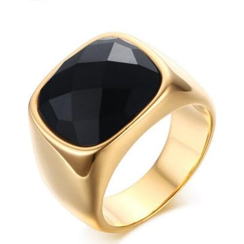 Titanium Jewelry Ring for Men Gold-Color Never Fade Stainless Steel Wedding Band Black Stone Solitaire Engagement Ring