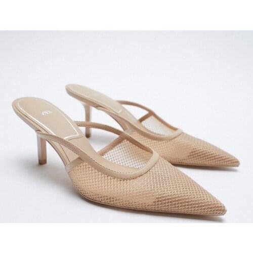 Womens Shoes Z Summer New Style Nude Color Mesh Pointed Stiletto High Heels Shallow Mouth Sandals