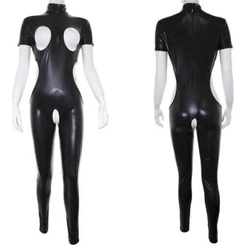 Sexy Wet Look Faux Leather Open Breast Crotchless Jumpsuit Cupless Women Bodysuit Catsuit Mistress Cosplay Fetish Costume