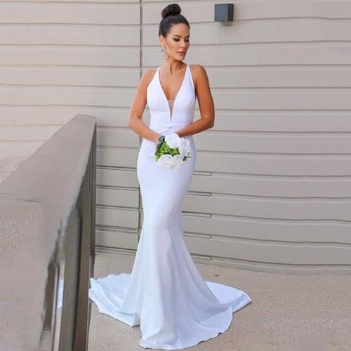Elegant Jersey Mermaid Bridal Dress 2021 Sexy Deep V-Neck Sleeveless Sweep Train Backless Wedding Gowns Vestido De Novia