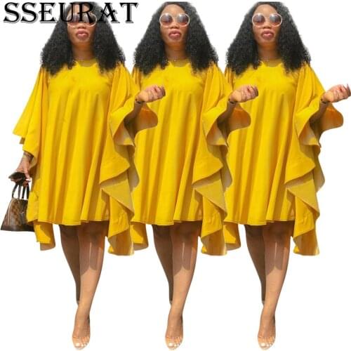 SSEURAT Women Yellow Loose Dresses Large Size Ladies O Neck Pleated Batwing Sleeves Solid African Fashion Casual Spring Female