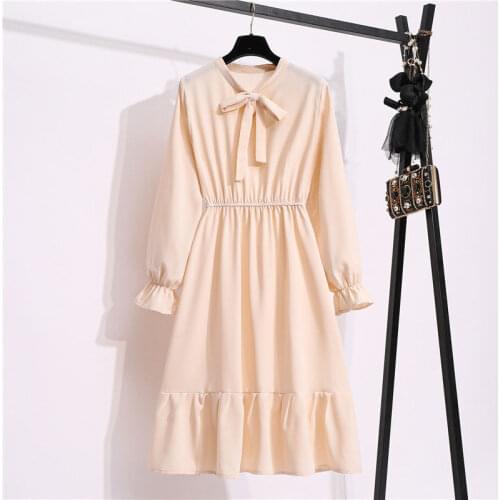 2021 New Fashion Womens Solid Color Dress Female Casual Style Bow Neck Full Sleeved Dresses