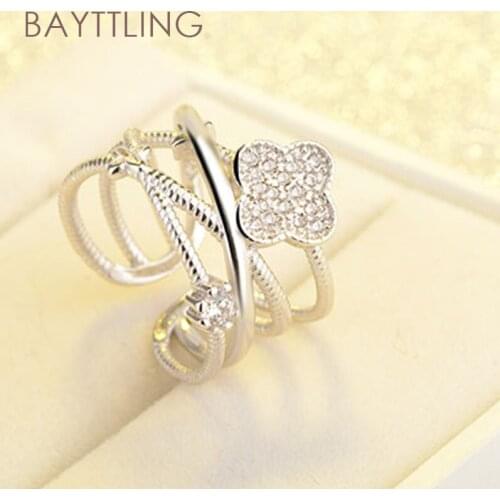 BAYTTLING S925 Sterling Silver Rose Gold/Silver Flower Zircon Open Braided Ring For Woman Fashion Wedding Party Jewelry Gift