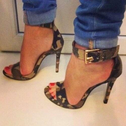 Sexy Camouflage High Heel Sandals Buckle Strap Peep Toe Thin Heels Dress Shoes Cut-out Party Summer Shoes Big Size 10