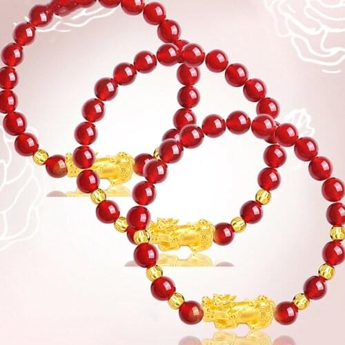 999 Pure 24K Yellow Gold Bracelet Women 3D Luck Pixiu with 3mmW Faced Gold Bead with 5mmW Agate Beads Link Bracelet