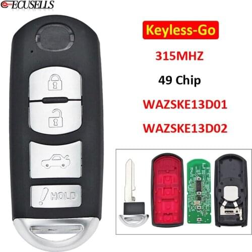 Keyless-Go 4 Buttons Remote Smart Car Key 315MHz for Mazda 3 Sedan 6 MX-5 Miata with Emergency Key FCC: WAZSKE13D01/ WAZSKE13D02