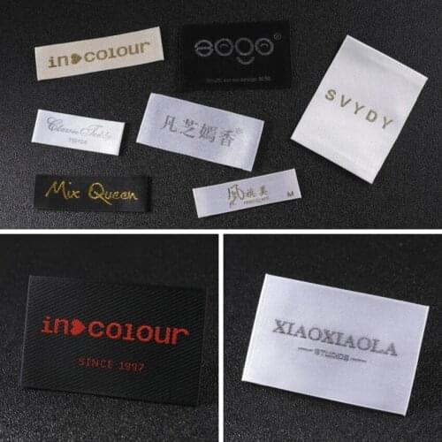 Customized clothing tags washable garment labels custom woven labels for clothing brand name labels black satin woven tags