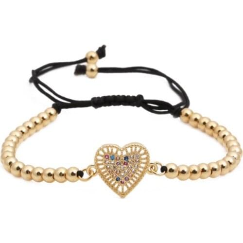 FYJS Unique Light Yellow Gold Color Love Heart with Cubic Zirconia Metal Ball Beads Elastic Bracelet Romantic Style Jewelry