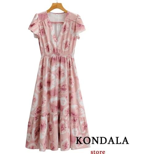 KONDALA Women Dress Za Fashion 2021 Floral Print Sweet V Neck Mid Calf Dress Short Sleeve Vintage Ruffles Summer Mujer Vestidos