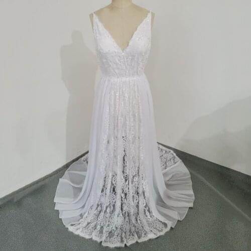 Summer Beach Wedding Dresses Backless Lace beaded Bride Dress 3D Flowers V neck Bridal Gowns Custom Made