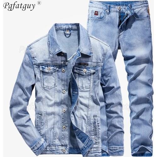 Punk Style Mens 2 Piece Set New Simple Spring Light Blue Ripped Long Sleeve Denim Jacket + Jeans Fashion Slim Couple Jeans Set