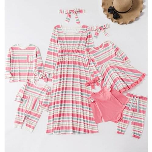 New Mother Daughter Dresses Family Matching Clothes Women Girl Long Sleeve Striped Beach Dress Mom and baby Jumpsuit Sleepwear
