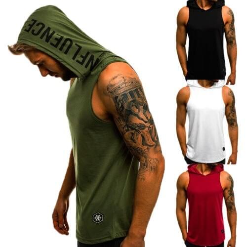 New Men Running Vest Sleeveless Hoodie Bodybuilding Sweatshirt Muscle Vest Fitness Workout Sportwear Gym Hooded Top Size 36-42