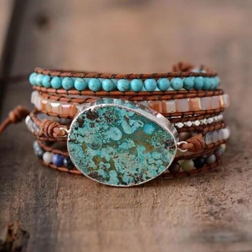 OAIITE Calming Ocean Jasper Stone Bracelet Natural Stones Weaving Statement Boho Beaded Leather Wrap Bracelet