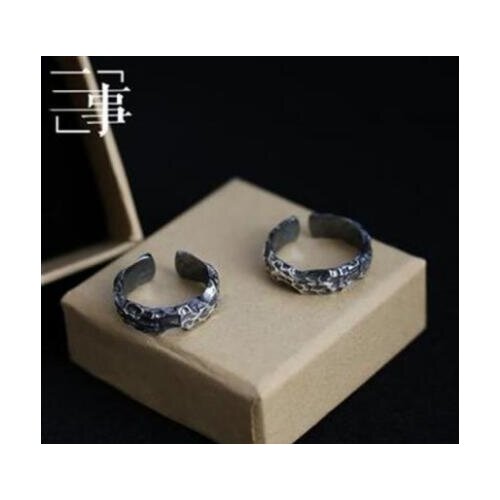 Sterling Silver S925 Black Ring Jewelry meteorite surface texture opening couple ring ring