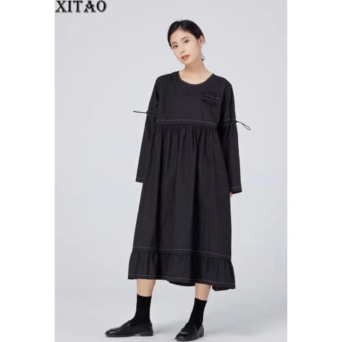 XITAO Draw String Fold Large Size Dress Solid Color Casual Loose Fashion Long Sleeve O-neck Collar Simplicity Women WMD2745