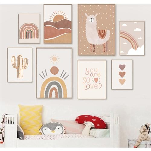 Abstract Sun Heart Nursery Wall Art Canvas Print Rainbow Art Painting Cactus Alpaca Poster Nordic Wall Pictures Baby Room Decor