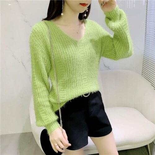 Spring And Autumn New Womens V Neck Long Sleeve Pullover Sweater Lady Sweater Korean Thin Loose Solid Color Bottom Coat