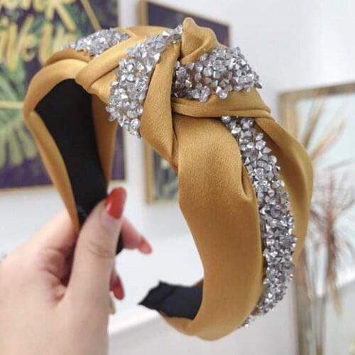 Luxury Fashion Rhinestone Hairband Women Solid Wide Side Headband Middle Knot Turban Girls Hair Accessories Headwear