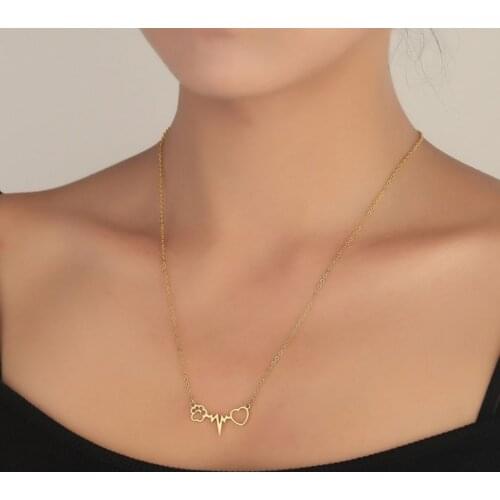 Puppy Dog Cat Bear Paw Print Heartbeat Lifeline Heart Pendant Necklace Cardiogram Pulse Chain Jewelry for Women Girls