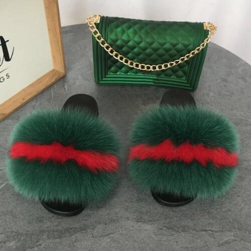 Ladies Fur Slides Colorful Jelly Bags Fluffy Fur Slippers Fashion Fox Fur Slides Women Shoes Bag Set Fur Sandals Crossbody Bag