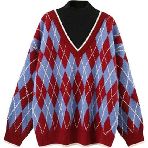 Rhombus Lattice Womens Knitted Sweaters 2021 New Arrivals Spring Autumn Female Pullover Tops Loose Trendy Ladies Outerwear N988