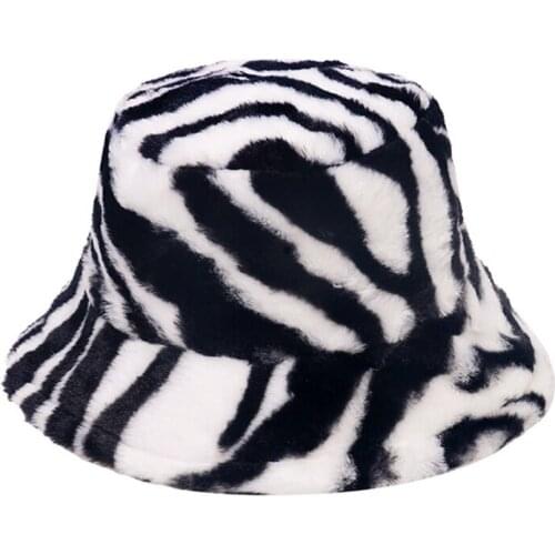 Vintage Fluffy Bucket Hat Zebra Striped Plush Hat Fisherman Ear Protection Fisherman Hat Wide Brims Cover Face Warm