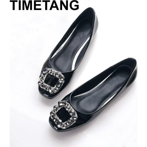 TIMETANG Korean fashion Womens flats Shoes leather Fashion square Toe Crystal diamond Comfortable soft bottom Women casual C116