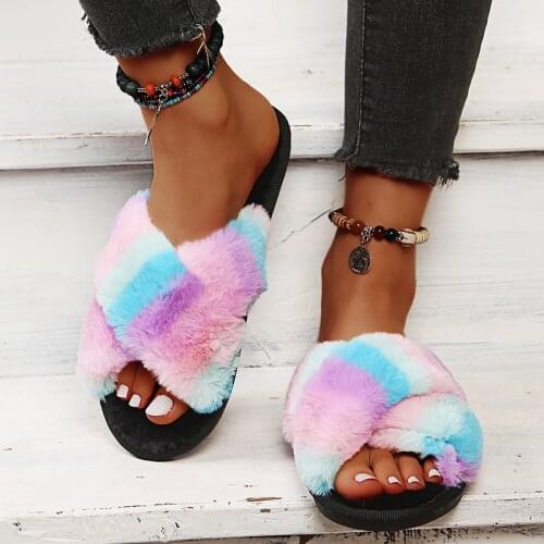 Women Casual Large Size Fluffy Fluff Flat Slippers