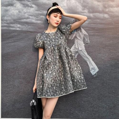 Women Floral Black Bandage Dress Vintage O Neck Puff Sleeve Loose High Waist Mini Dresses Female Fashion Summer Clothing Vestido