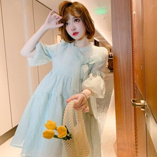 Awarose Lantern Sleeve Bow High Waist Loose A-Line Mini Dress Women Summer Round Neck Sweet Solid Color Jacquard Party Dresses