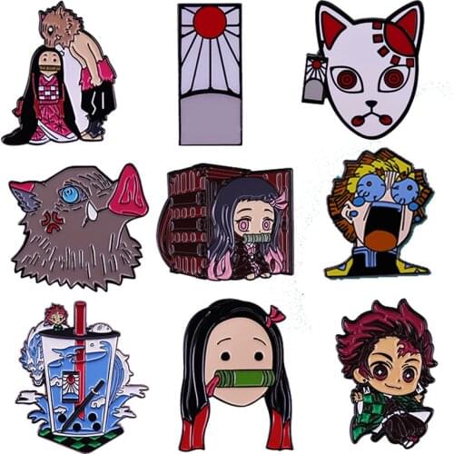 Demon Slayer Badge Nezuko & Hashibira Inosuke Tanjiro Kamado Pig Milk Tea Drink Enamel Pin Jewelry