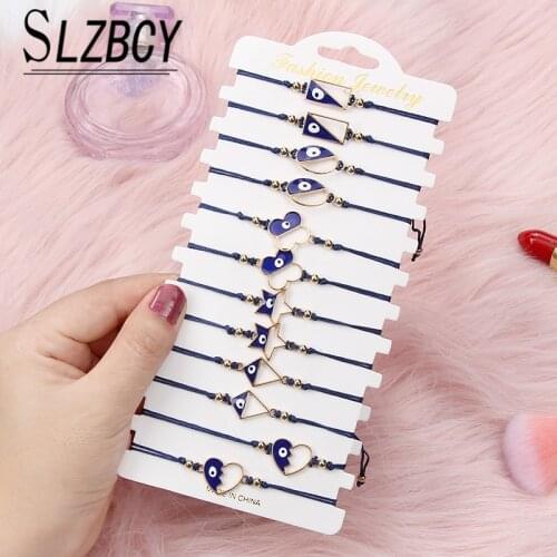 12pcs/set Blue Woven Rope Chain Bracelet Set Alloy Hollow Love Heart Charms Bracelets for Women Girl Bohemian Jewelry Gift