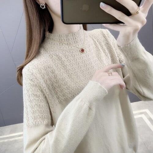 5857d area 23] - solid color hollow out half high collar knitted pullover 32