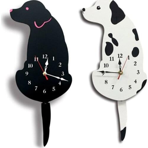 Cute Cartoon Animal Wall Clock Lovely Dog Acrylic Clock with Swing Tail Pendulum for Living Room Bedroom Kitchen Home Decor