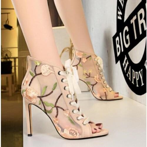 Summer Multicolor Flower Embroidery Lace Boots Thin High Heels Embroider Mesh Gladiator Peep Toe Woman Lace up Short Boots