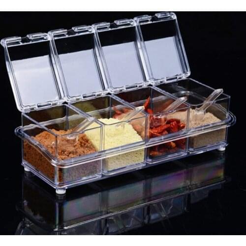 Four Grid Kitchen Spice Box Set Crystal Transparent Seasoning Jar Salt Bowl Sugar Bowl Creative Seasoning Box With Spoon