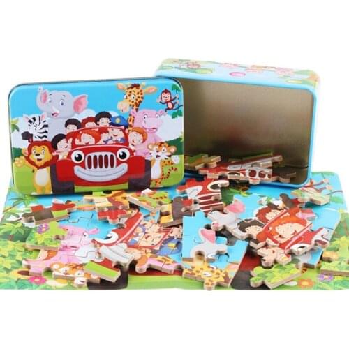 N202-60 pieces of iron box wooden puzzle anime cartoon plane jigsaw puzzle children early education
