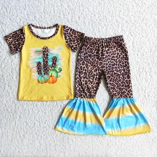 New Arrival Kids Short Sleeve Stitching Outfit Baby Girls Fashion Leopard And Cactus Pattern Clothing Set With O-Neck