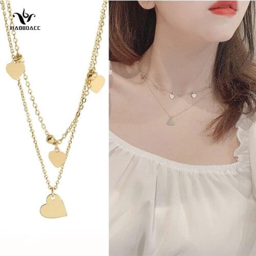 XiaoboACC Golden Double Layer Chockers for Women Korean Fashion Short Love Heart Chain Necklace Jewelry Set Dropshipping