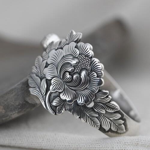 FNJ Peony Flower Bangle 925 Silver Original Pure S925 Sterling Silver Bangles for Women Fine Jewelry Big Statement