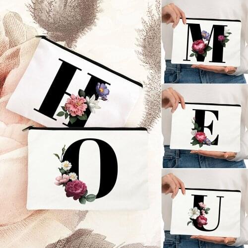 Black Alphabet A B C Print Make Up Bags Flowers Organizer Toiletry Pouch Women Travel Cosmetic Bag Makeup Wash Bath Storage Bags