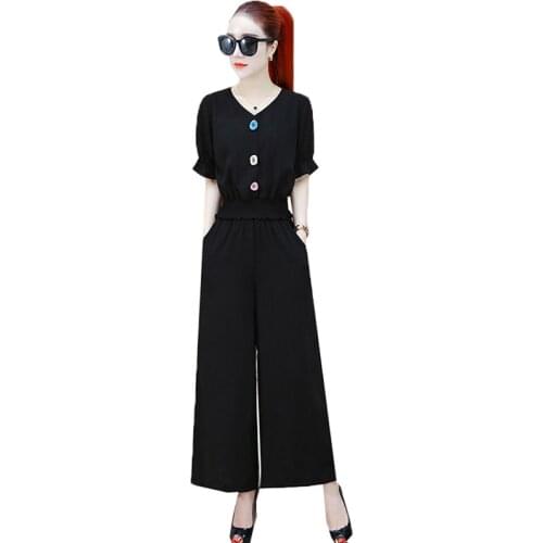 Summer Women Two-Piece 2021 New Top + Wide Leg Pants Ladies Suit Printed Elegant Female Short Blouse Mujer Feminina Skirt Pants