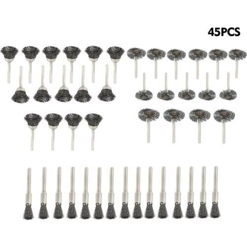 45pcs Mix Brush Set Steel Wire Wheel Brushes Stainless Steel Wire Cup Brush Fits Rotary Tool Accessory 3mm Shank