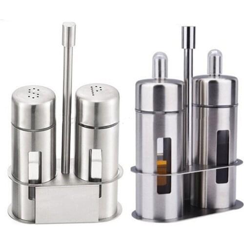 Stainless Steel Salt Pepper Shaker Set Spice Jar With Stand Oil Bottles Condiment Box Seasoning Container Kitchen Cooking Tools