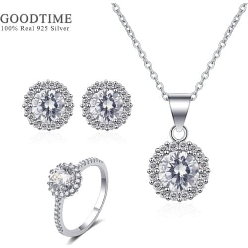 Luxury 925 Sterling Silver Jewelry Sets Round Rhinestone Zircon Necklace Earrings Ring Gift For Women BridE Wedding Party