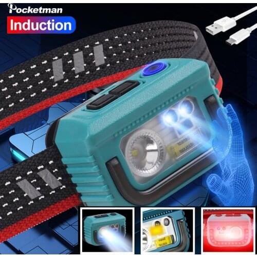White/yellow/red 3-light Source Sensor Headlamp 7Modes Headlight With Reflective Hollow Headlight Built-in Battery Fishing Lamp