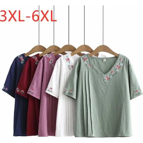 New 2021 Ladies Summer Plus Size Tops For Women Large Short Sleeve Cotton Green Floral Embroidery V-neck T-Shirt 3XL 4XL 5XL 6XL