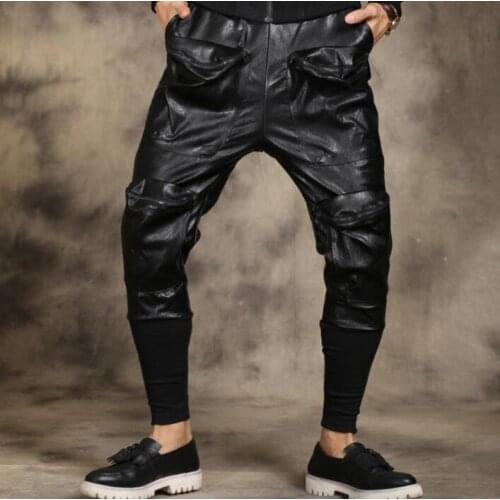 Autumn winter personality fashion punk harem pants mens leather trousers pantalones hombre cargo thicken feet pants for men