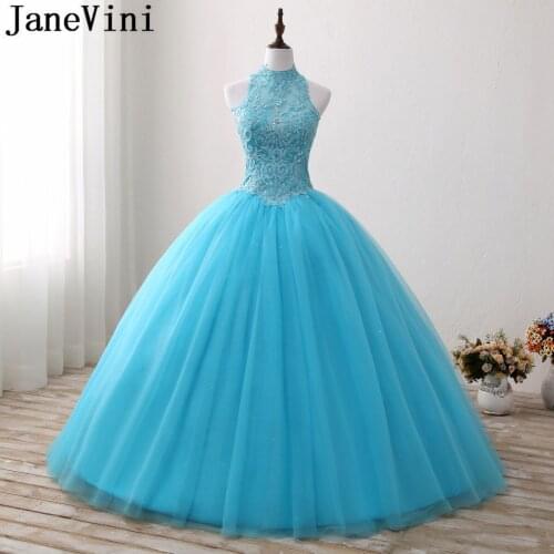 JaneVini Princess Puffy Tulle Quinceanera Dresses Crystal Blue Ball Gown Beaded Lace High Neck Masquerade Dress vestido de festa